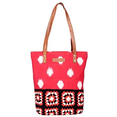 Womens boho red tote bag, handloomed fabric shoulder bag